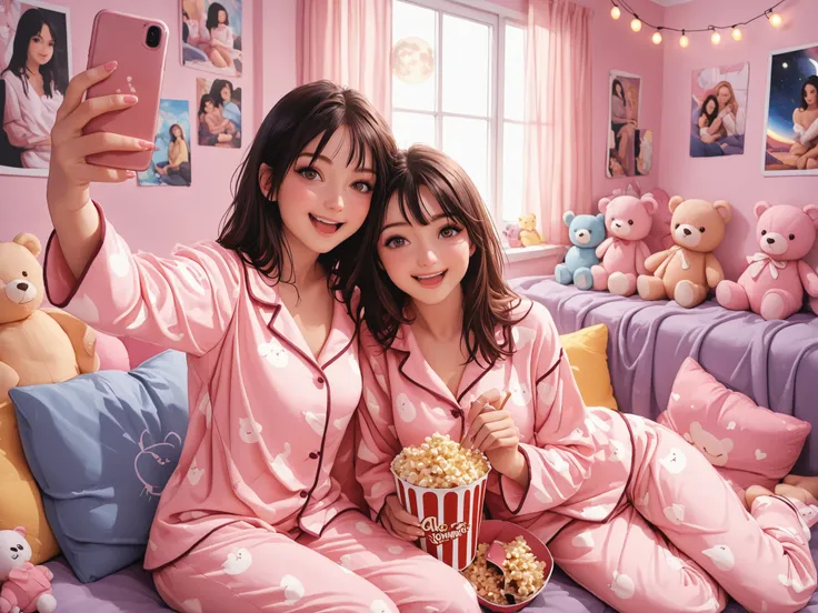 A cozy and fun slumber party with a group of diverse teenage girls in pajamas, sitting on soft cushions and blankets, surrounded by snacks, plush toys, and string lights. One girl is painting another’s nails, another is taking a selfie, and two are laughin...