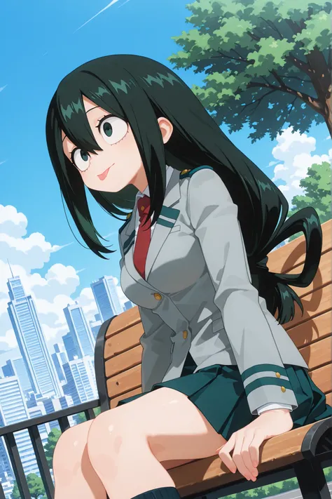  tsuyu asui,1girl,solo,u.a. school uniform,long hair, black hair,hair between eyes,red necktie,grey jacket,pleated skirt,hair rings,low-tied long hair,sitting on bench,dutch angle,tongue out,breasts,medium breasts, BREAK outdoors,blue sky,cityscape,cloud,t...