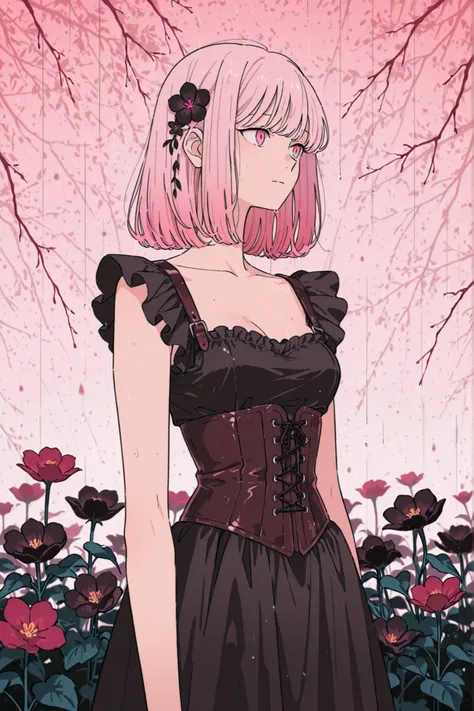 Anime style image of a tall woman with light skin, medium light pink hair, hazy light pink eyes, distant gaze, blank expression, medium chest, wearing a sleeveless frilly black dress, a leather corset, and a dark red and black flower on her hair, rainy bac...