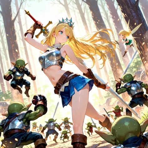 masterpiece,best quality,ultra detail,super high resolution,32K,beautifully detailed faces,beautiful detailed eyes,long golden hair,Background is Fantasy Town,blg word,Sleeveless Silver Breastplate,Silver Right Shoulder Rest,Leather Belt,、Cropped Dominic S...