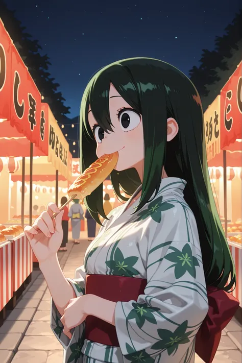 masterpiece, best quality, great quality, 1 female, solo,  illutsuyu, long hair, black hair, green hair, long hair, black eyes, kimono, yukata, smiling, festival, night, outdoors, food, , food in mouth,