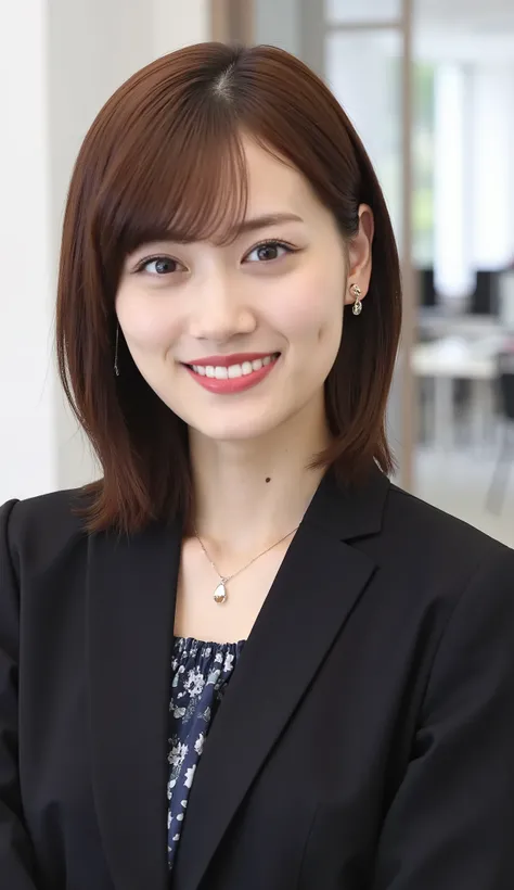 Neat Young Woman、and look at the camera、office lady suit、jacket、shirt、necklace、ear piercing、 pale brown hair、、smile showing teeth、、background is office