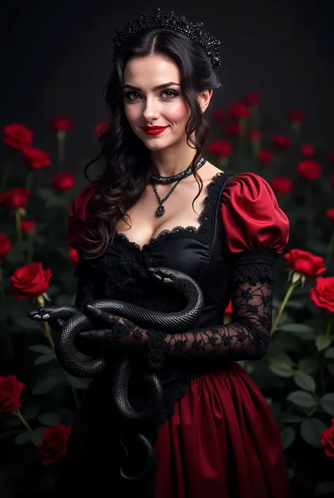 A mysterious woman wearing a gothic renaissance dress smirks at the camera. She has red blood lipstick and wears black lace gloves on both hands. She holds a black snake in her hand. The snakes look fierce and face toward the camera. Behind her is a red ro...