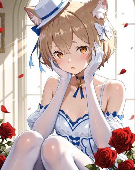 front viewer, 8k, ((upper body)), (masterpiece), hyper detailed, best quality, vtuber, solo, RE:Zero, felix, ferris, hands on face, ((translucent white Victorian)), a great neckline, ((glare with a ray of sunlight)), ((choker with roses and bow)), very blu...