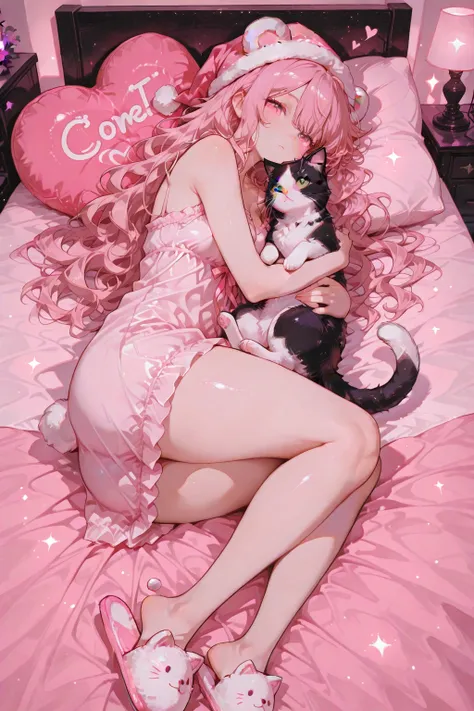Dynamic lighting. Concept:
A girl in pajamas lying in bed, cuddling an adorable, fluffy cat.

Characters:
A girl with small tits (erect nipples), slim waist, big ass, thick legs, wavy hair in a white to pink gradient, and intense green eyes, wearing a sheer nightgown. The cat is a white-furred, very fluffy Maine Coon with bright blue eyes and a small bow on its neck.

Action/Interaction:
The girl is lying in bed, cuddling the cat to her chest with a tender expression. The cat purrs, relaxed with its tummy up, completely trusting.

Background:
Cozy bedroom with dim warm lighting. Heart-shaped pillows, kawaii slippers at the foot of the bed, and a star projector softly illuminating the ceiling.

Visual Highlights:
A short sheer nightgown, a nightcap with bear ears. Sparkling particles floating like dust motes.

Lighting and Atmosphere:
Warm, dim lamplight. Soft reflections, floating light flecks, slightly blurred background.

Style:
Hyperrealistic anime style, focus on soft textures, detailed fur, satin-sheen fabrics, reflected light in the eyes. Soft palette of pink, lilac, sky blue, and cream tones.