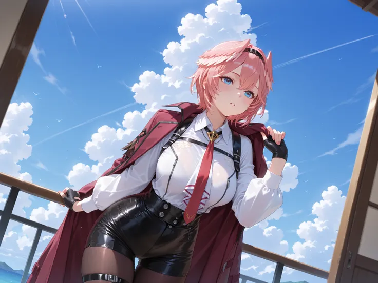 solo,masterpiece,best quality, amazing quality, highres, absurdres, very aesthetic, high resolution, ultra detailed, perfect details,(masterpiece, detailed:1.2),luiIL,luidef, head wings, short hair, hairband, puffy long sleeves, collared shirt, high-waist ...