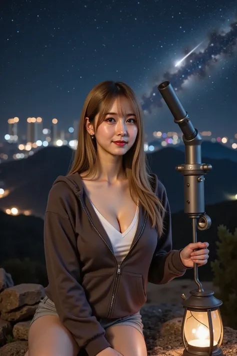 Catherine,hair styled in aplatinum blonde, gold hair, professional photography, masterpiece, high resolution, a knee-up portrait of a 20-year-old Japanese woman with a breathtaking and awestruck smail, observing the night sky from a mountain summit during ...