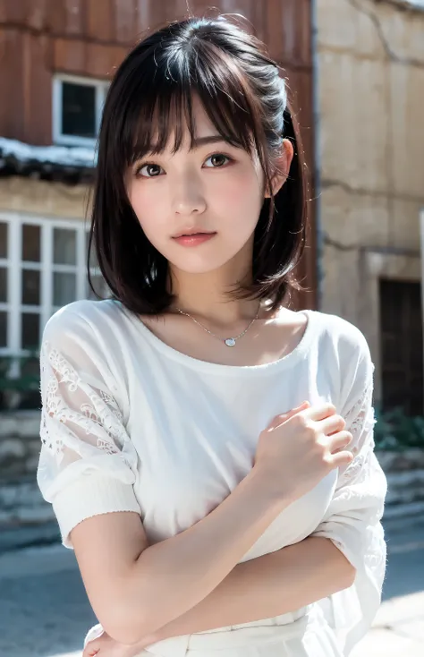 (8k, RAW pictures , top quality, masterpiece:1.2), Hi-Res RAW Color Photos, professional photo shoot in front of a decayed house, (realistic, photo realistic:1.37), (top quality:1.2), cinematic lights in the center , (Exquisite face:1.2), (masterpiece:1....
