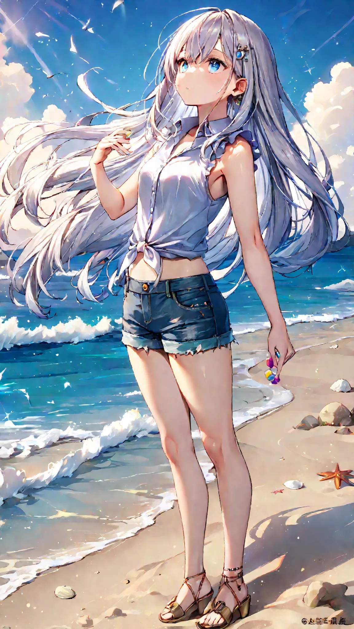 highest masterpiece、top quality、High precision in selection、best details、looking up at the blue sky、 girl standing on a sandy beach 、Long Silver Hair、Jeweled Hair Ornaments、blue eyes、sleeveless shirt、denim shorts、Stylish Sandals、Summer Clouds、Sun、blue sea、White Wave、close up to a woman