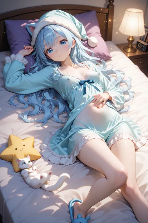 3DMM,Dynamic lighting. Concept:
A girl in pajamas lying in bed, cuddling an adorable, fluffy cat.

Characters:
A girl with small tits (erect nipples), slim waist, big ass, thick legs, wavy hair that fades from black to purple, and intense blue eyes. She's wearing a sheer nightgown. The cat has white fur, is very fluffy, has bright blue eyes, and a small bow around its neck.

Action/Interaction:
The girl is lying in bed, cuddling the cat to her chest with a tender expression. The cat is relaxed, tummy up, completely confident.

Background:
Cozy bedroom with dim warm lighting. Star-shaped pillows, kawaii slippers at the foot of the bed, and a star projector softly illuminating the ceiling.

Highlighted Visual Elements:
A short sheer nightgown, a nightcap with bunny ears. Sparkling particles floating like dust motes.

Lighting and Atmosphere:
Warm, dim lamplight. Soft reflections, floating light flecks, slightly blurred background.

Style:
Hyperrealistic anime style, focus on soft textures, detailed fur, satin-sheen fabrics, reflected light in the eyes. Soft palette of lilac, sky blue, and cream tones.