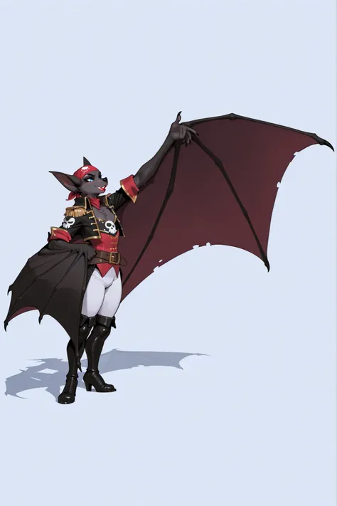 anthro bat, wearing a black and white pirate clothes and a red pirate bandana, masterpiece, high quality, great Patagium arms wings, male, long snout, dark fur, blue eyes , drag makeup, drag queen, femboy, big ears, red lipstick, arm-wings, Patagium wings