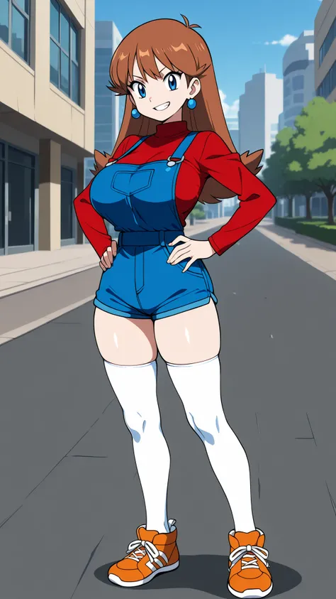 adult older sister, Tall, left hand on hips, bare hands, red long sleeve shirt, blue overalls denim overalls, White Knee High Stockings, Absolute region, thighs, orange sneakers with hee-cups, ((top quality)), ((masterpiece)), ((details)), standing, 1girl,...