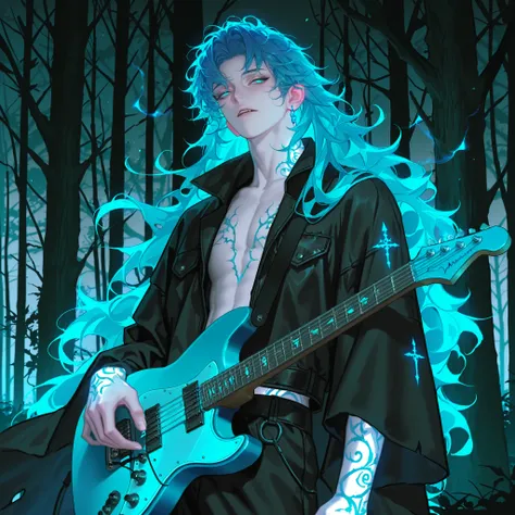 A tall, slender vampire guitarist standing calmly in a shadowy forest clearing. He has long, messy, curly hair with very long bangs falling just past his shoulders, wild but charmingly untamed. His striking, glowing blue eyes shimmer with an eerie, superna...