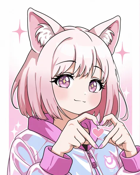 4-finger heart hands, heart hands,ojou-sama_pose ,Bust portrait of a soft anime kemonomimi girl with furry ears and pastel hair (pink-lavender blend), glossy holographic jacket, dreamy Y2K accessories, white color background emphasizing the character, spar...