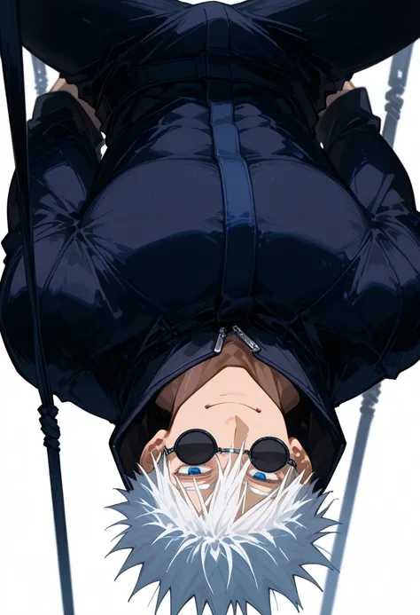 Gojo Satoru, Jujutsu Kaisen, blue eyes, hair between eyes, short hair, white hair, black circle sunglasses, Smile Yan, 18 years old, uniform, Jiu jitsu suit , black jacket, black pants, Tilt, Muscular, handsome, Sexy Man, white background, Akutami_Gege , masterpiece, top quality, great quality, Extremely Aesthetic, Suspension, Newest