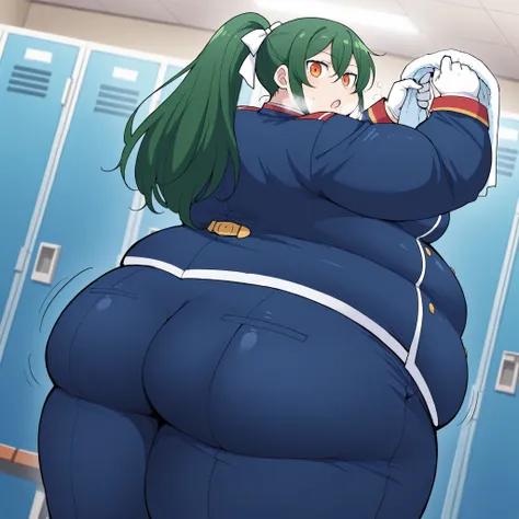 score_9, score_8_up, score_7_up, source_anime, crusch karsten, long hair, hair between eyes, green hair, orange eyes, medium breasts,, gloves, ponytail, white gloves, uniform, long sleeves, pants, blue uniform, blue pants, hair bow,, locker room, lockers, ...