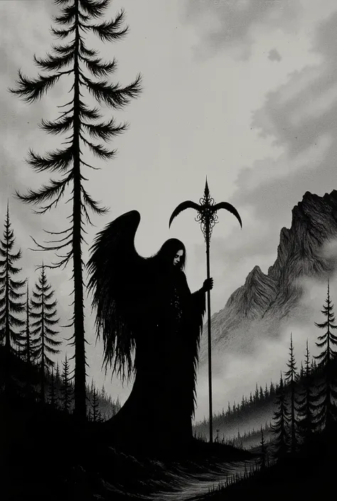 Depressive Black,fallen angle,holding,Death's Scythe,on the hill,coniferous forest background,medival,foggy,melancholic atmosphere,Theodor Kittelsen style,ArsMJStyle, Zen Ink Wash Sumi-e