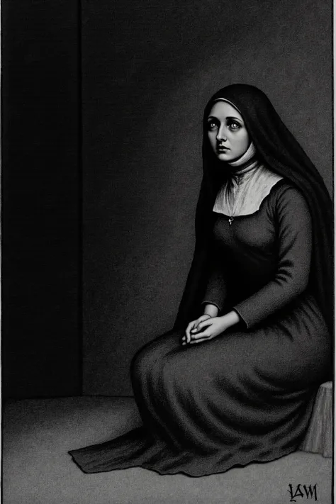Depressive Black,medival,nun costume,beautiful girl face,grief,sadness,praying hands,