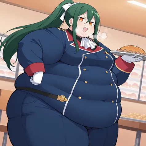 score_9, score_8_up, score_7_up, source_anime, crusch karsten, long hair, hair between eyes, green hair, orange eyes, medium breasts,, gloves, ponytail, white gloves, uniform, long sleeves, pants, blue uniform, blue pants, hair bow,, cafeteria, tables, foo...