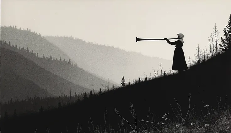 Depressive Black,from side,A young peasant woman was playing a long bugle towards the sky,wearing White Hood,on the hill,coniferous forest background, medival,foggy,melancholic atmosphere,Theodor Kittelsen style,