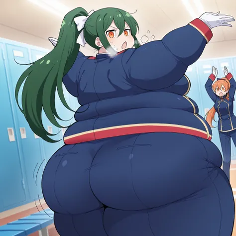 score_9, score_8_up, score_7_up, source_anime, crusch karsten, long hair, hair between eyes, green hair, orange eyes, medium breasts,, gloves, ponytail, white gloves, uniform, long sleeves, pants, blue uniform, blue pants, hair bow,, locker room, lockers, ...