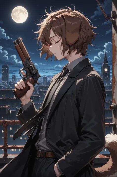 (masterpiece, detailed:1.2), 1girl, animal ears, animal tail, bishounen, black coat, black necktie, break-action pistol, cityscape, cloud, closed eyes, collared shirt, dog ears, dog girl, tail, floppy ears, formal attire, from side, full moon, grey shirt, ...