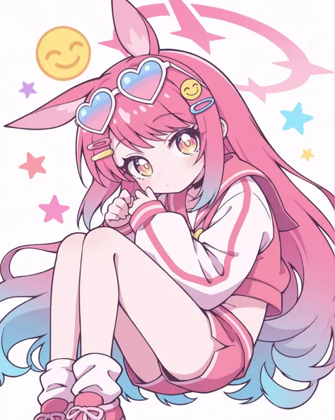 fetal_position,Cute furry-eared anime girl in Y2K aesthetic, bust shot, heart sunglasses on forehead, soft pink-blue gradient hair, smiley face hair clips, white background with floating pixel stars, anime shojo style with soft outlines and pastel color pa...