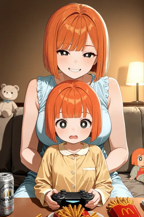 (masterpiece), (best quality), 8K, ultra detailed, 1girl, bare arms, pajamas,yoru mac, mother (yoru mac), short hair, bangs, black eyes, blunt bangs, orange hair, bob cut, bright pupils, mature female, medium breasts, pajamas, controller, couch, courtains,...