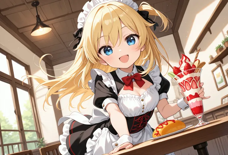 (masterpiece, best quality), (colorful),one girl,((blond long hair)),blue eyes,One Side Tail  ,best smile,super precise illustration,  Highly detailed , dynamic angle,Beautiful Details, 8k, (high resolution),cute maid,Maid Outfit,frills,facing the Lumine,m...