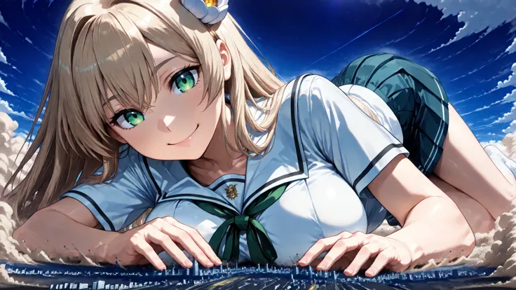((lying on the ground super close super close big boobs super close hands super close)), 1girl, solo,
(very super big breasts, moist female body, beautiful skin, Clothed woman, summer schoolgirl uniform, miniskirt, white socks, Rin々Shikumo's smile is cute...