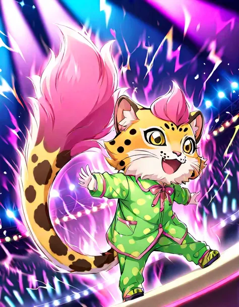 Happy Face　Cheetah in the Cat-Eared Beast　Green pajamas　tail with pink ribbon　　dances on stage　Disco venue　sparkling party vibe　show off your bewitching pajamas　cheetahs raise their ears and wag their tail　Shining Pink Aura　emits beautiful aura waves from all over　The energy of light growing the pink flame of electricity　powerful party-like cheetah