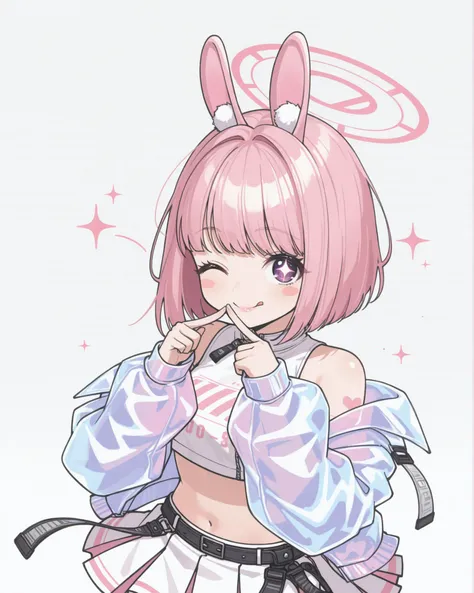 Nikkepose,anime girl kemonomimi, bunny ears with soft fur, short pastel pink bob hair, shiny lips, expressive eyes with sparkles, holographic jacket, crop top, pleated mini skirt, 3/4 bust portrait, playful wink, white background with floating hearts, stic...