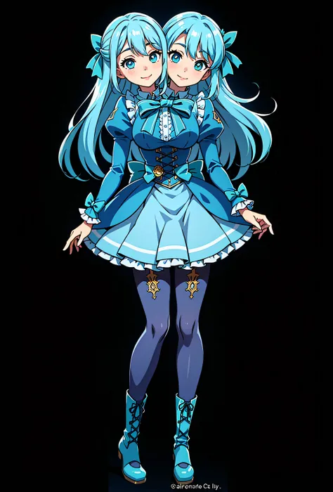 ((best quality), (high quality), (detailed), (masterpiece), good artist, 1girl, (2heads:1.5), ((long waist-length aqua blue hair:1.5)), ((long hair:1.5)),((frilly sky blue and cyan dress with a large waist ribbon)), (a lace-up bodice with a large chest bow...