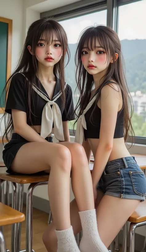 girls,cute,girl,gal,midjourney_whisper_innocent_eyes,(duo focus,:1.2) Twins, Yuri, 2 girlss, full body shot, (long leg:1.6), From the front, from below, subjective shot, Looking Down at the Audience, thin legs, Long Thighs, Thin Thighs, (mastrpiece, Highes...