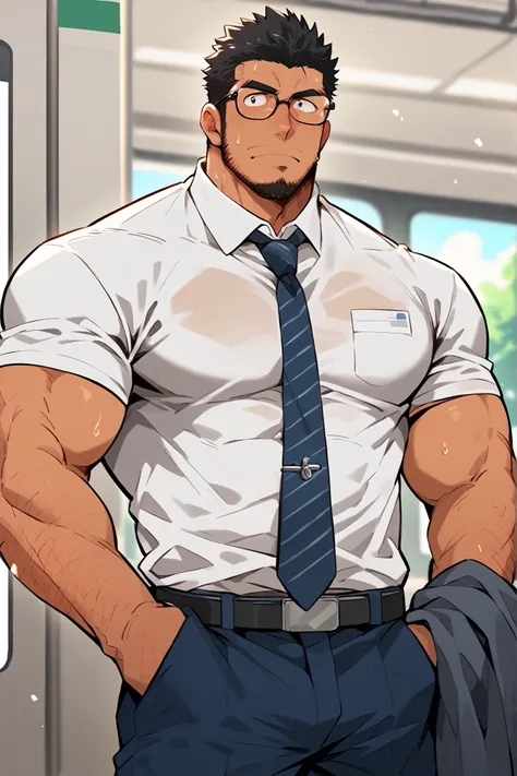 Masterpiece, highest quality, stubble, leg hair, arm hair, distant background blurred, thick eyebrows, hairy arms, dark skin, office worker, muscular, black hair, black-rimmed glasses, round beard, tie, black slacks, white shirt, on train, sweaty, dark eye...