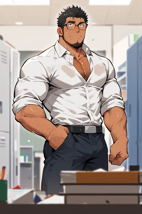 Masterpiece, top quality, stubble, leg hair, arm hair, distant background blurred, thick eyebrows, hairy arms, dark skin, office worker, muscular, black hair, black-rimmed glasses, round beard, black slacks, half-removed white shirt, chest hair, office loc...
