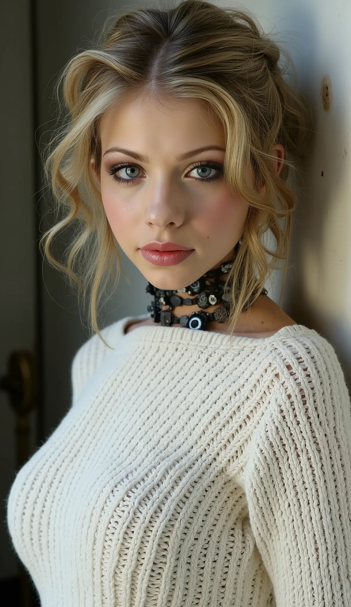 sideboob,detailed eyes,rs,(masterpiece, detailed), styled by Thomas Shotter Boys, a lovely woman, she is from the mid 21st century in Croatia, her hair is blonde, her hair is in a wolf cut, she has side bangs, her hair is parted on one side, her eyes are d...