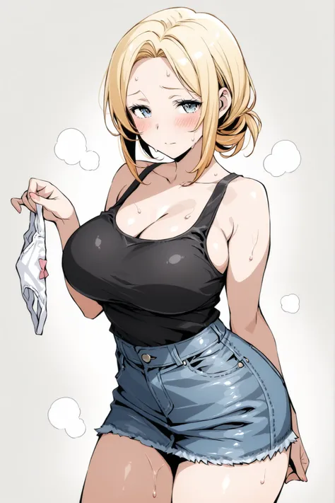 Gold hair、bob hair、tank top、denim skirt、masterpiece、newest、lively、is very aesthetic、high contrast、((higheSt quality, maSterpiece))、Mature Woman、cute、clotheS for 40&#39;S、holding pantieS、blush、sweat、shame、smell、Road Ground、sense of repulsion、