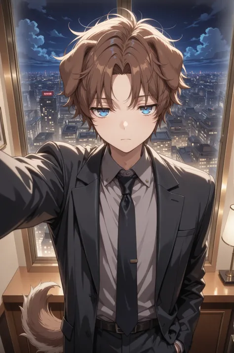 (masterpiece, detailed:1.2), 1girl, animal ears, animal tail, arm up, bishounen, black coat, black necktie, blue eyes, brown hair, cityscape, cloud, coat, collared shirt, curtained hair, dog ears, dog girl, dog tail, floppy ears, formal attire, grey shirt,...