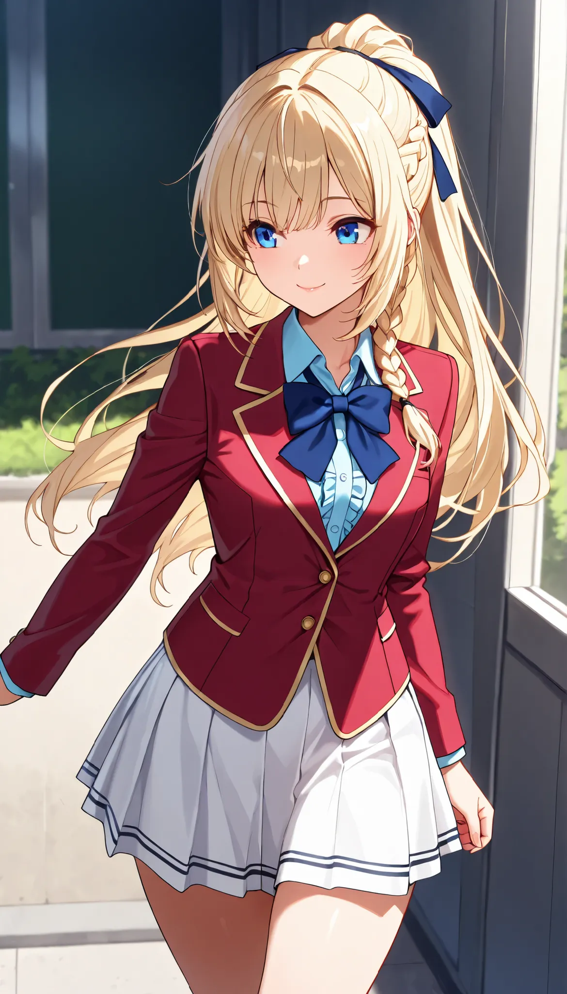 masterpiece, best quality, highres, ponytail hair, (single braid:1.2), hair ribbon, red blazer,buttoned blazer, blue bowtie, long sleeves, white skirt,frill shirt,thigh, walking in school outdoor,form above, cowboy shot,glossy lips,smile,closed mouth 