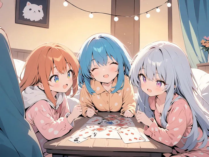 Cute Pajamas, party, ((best quality)), ((masterpiece)), (detailed), perfect face, A group of cheerful girls in colorful pajamas having a slumber party at a friend's house, sitting around a table full of snacks, sweets, and juice. They are playing cards and...