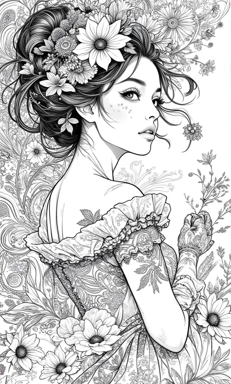An adult coloring page art of a beautiful woman with flowers in her hair, she is wearing a very feminine dress, paisley background, solid black and white line art, vector, intricate details, dynamic pose, pen and ink