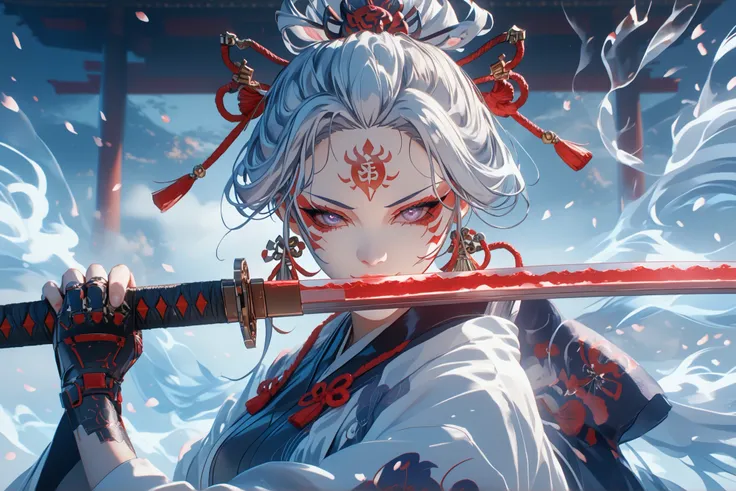 There is a woman dressed in white., holding a sword, detailed art of onmyoji, Onmyoji, Lostrun 8k, Art Jam and Atei Geylang, Retrato de Onmyoji, rossdraws Global lighting, Loss-draw volumetric lighting, very beautiful cyberpunk samurai, Tendencia en ArtSta...