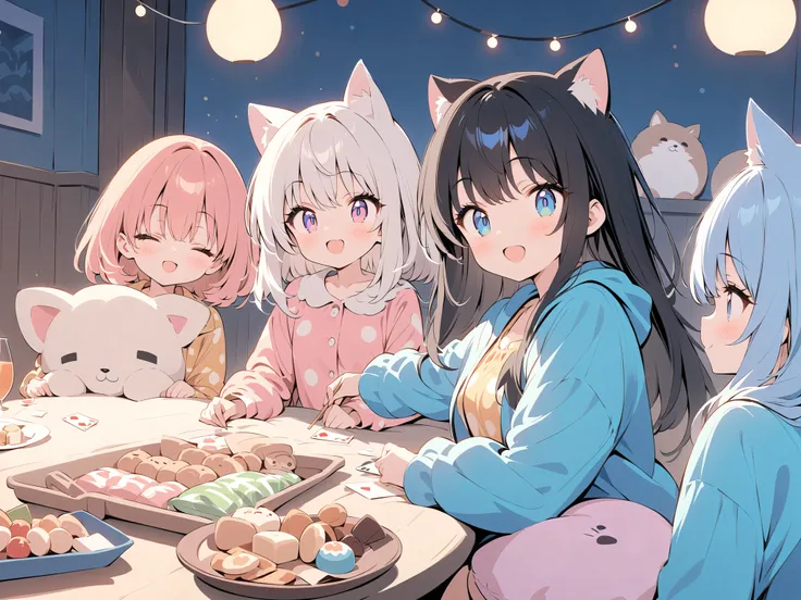Cute Pajamas, party, ((best quality)), ((masterpiece)), (detailed), perfect face, A group of cheerful girls in colorful pajamas having a slumber party at a friend's house, sitting around a table full of snacks, sweets, and juice. They are playing cards and...