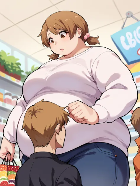 Score_9, score_8_up, score_7_up, score_6_up,  source_anime, shopping mall background, low angle, from below, 1girl, 1boy, duo, larger_female, smaller_male, size_difference, standing, looking down, BREAK, , yuzu, short hair, brown hair, brown eyes,, twintai...