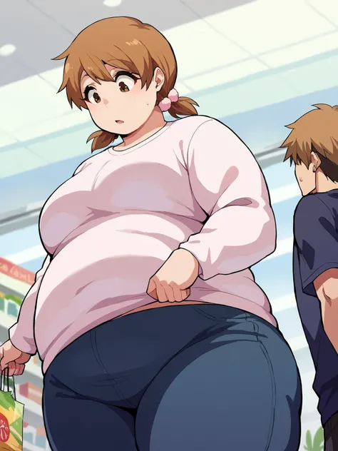 Score_9, score_8_up, score_7_up, score_6_up,  source_anime, shopping mall background, low angle, from below, 1girl, 1boy, duo, larger_female, smaller_male, size_difference, standing, looking down, BREAK, , yuzu, short hair, brown hair, brown eyes,, twintai...