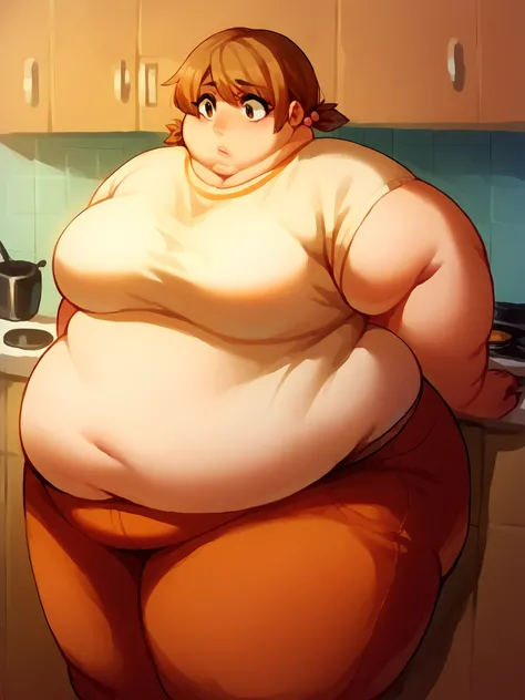 Score_9, score_8_up, score_7_up, score_6_up,  source_anime, kitchen background, 1girl, larger_female, size_difference, standing, wearing toddler clothes, yuzu, short hair, brown hair, brown eyes,, twintails, chubby fat female, BREAK,  fat, chubby, obese, f...