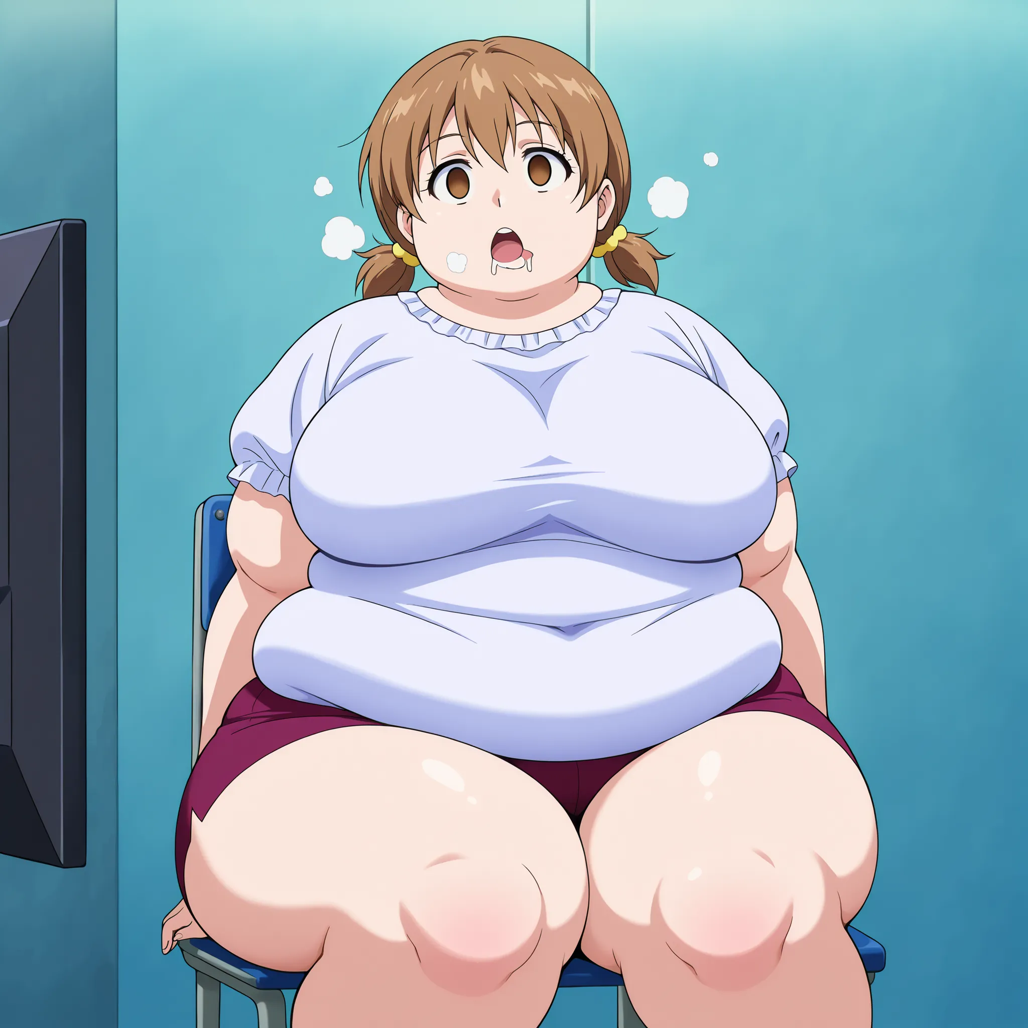 score_9,score_8_up, score_7_up, source_anime, rating_questionable, 1girl, solo, score_7_up, anime screencap, yuzu, short hair, brown hair, brown eyes,, twintails, sl0uch1ng, sitting ,chair, empty_eyes, blank_stare, empty_stare, drool, hypnosis,  fat, chubb...