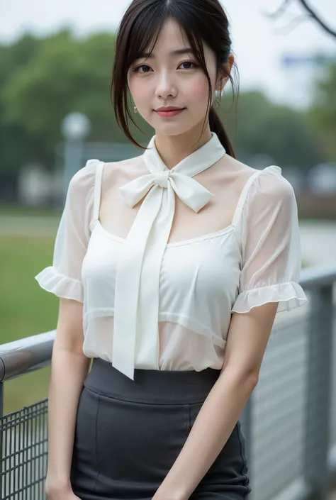 (8K, highest quality, masterpiece level: 1.4)
(Realistic, photorealistic: 1.5)
(Ultra-detailed: 1.5)
(Youthful 35-year-old beautiful Japanese woman)
(Long, well-defined face, sad lips, angelic smile: 1.2)
(Short, straight black hair tied back)
((Slender fi...