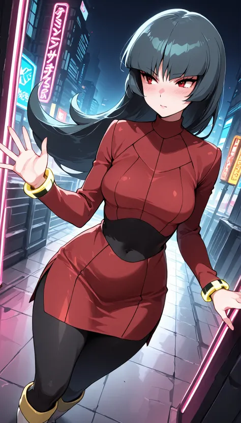 , quality_ Masterpiece, anatomically correct, vivid colors, 8k quality 1 girl, Sabrina Pokémon, solo, long inky black coloured hair, red eyes, light skin, slight blush, medium sized breasts perfect hands, perfect fingers , red dress, black leggings, boots,...
